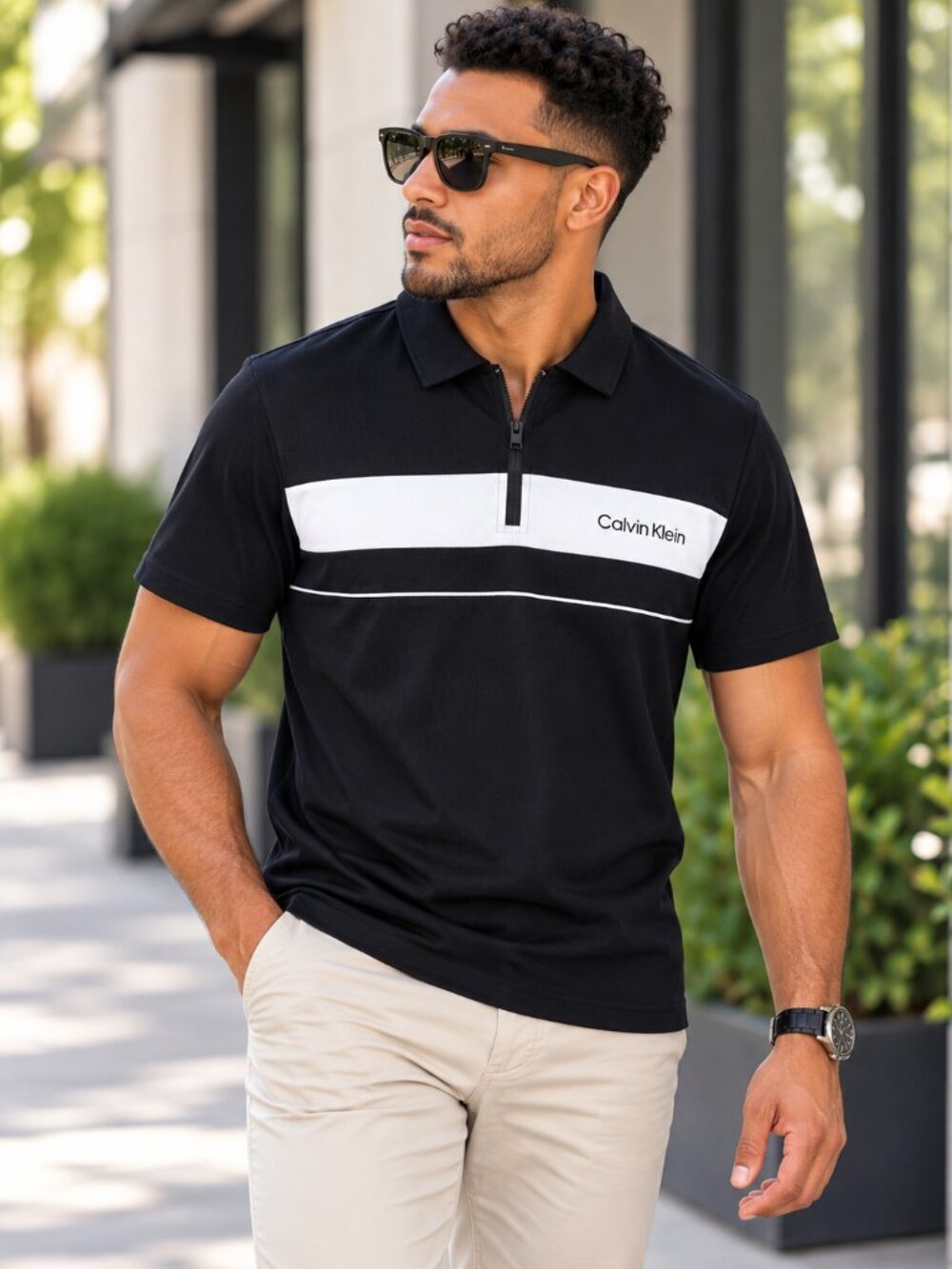 Calvin Klein Men’s Black White Colorblock Quarter Zip Polo Shirt Size M